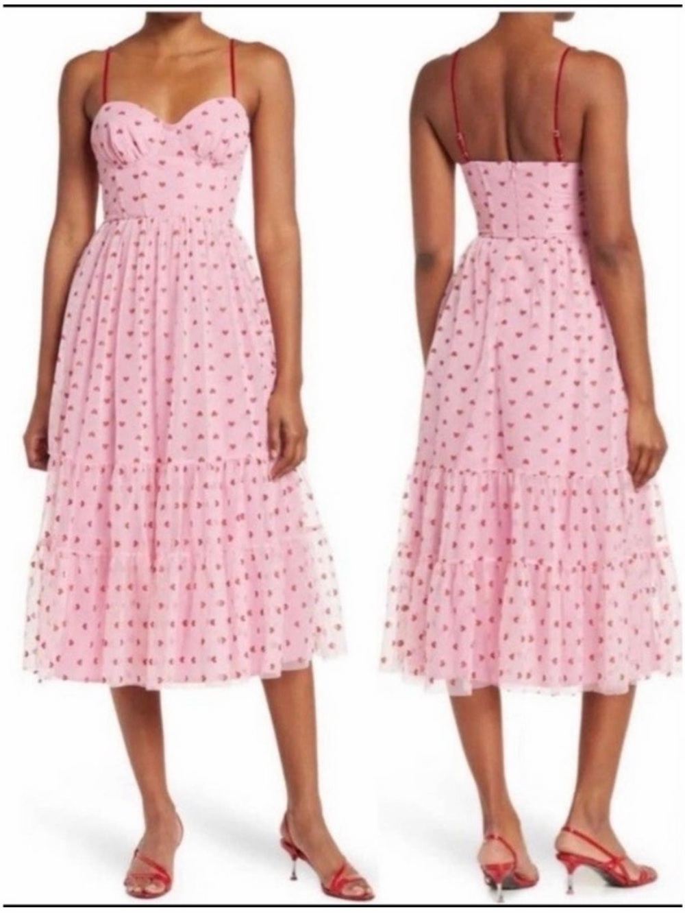 Betsy Johnson Pink Heart Print Midi Sundress with Sweetheart Neckline